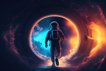 Obraz na płótnie Canvas Astronaut is escaping from the void in the space with a warp portal background. Science and Technology concept. Generative AI