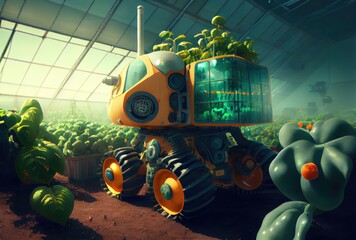 Robot farming harvesting agricultural products in research center. Innovative futuristics technology and 5G smart farming concept. Generative AI
