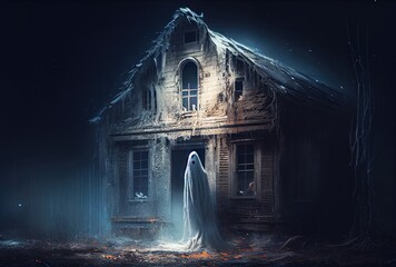 Fototapeta premium Spooky fabric ghost in the abandoned haunted house background. Halloween and horror concept. Generative AI