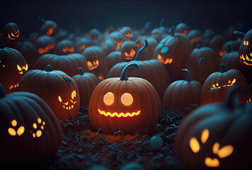 A cute pumpkin among other scary and unknown pumpkins in dark Halloween party. Mystery and spooky concept. Generative AI