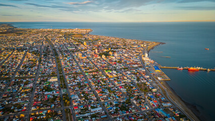 Aerial Drone Fly Above City of Punta Arenas Chile, Panoramic Cityscape in Summer Clear Sky, Ocean,...