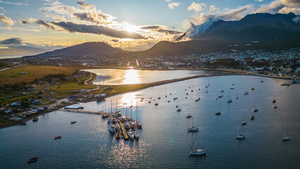 Ushuaia City Argentina Aerial View Patagonian Mountains Seascape, Town in Dreamy Picturesque Atmosphere, South American Travel Destination - obrazy, fototapety, plakaty