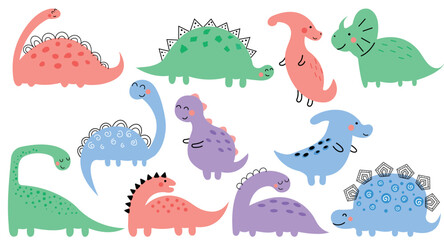Big set of cute dinosaurs. Vector illustration for kids, nursery, poster, card, birthday with dinosaurs. Collection of funny cartoon dinosaurs. Cute vector set with dinosaurs.