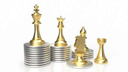 The gold chess and coins on white background for Business concept 3d rendering