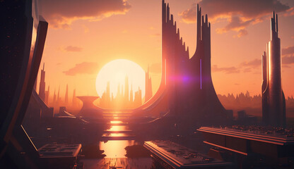 A futuristic cityscape at sunset