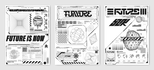 Techno poster template in cyberpunk style. Retrofuturistic mockups posters set with 3D elements, HUD interface, portal, round shapes with liquid and glitch style. Cyberpunk concept. Vector graphic set