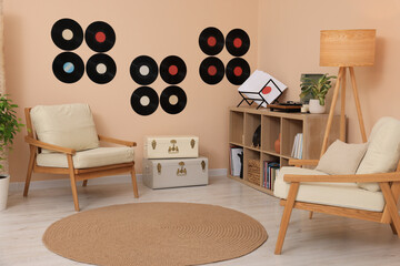 Living room interior decorated with vinyl records