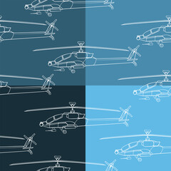 Seamless pattern. Military helicopter line art. Backdrop with combat vehicle. Colorful vector illustration isolated on blue background.