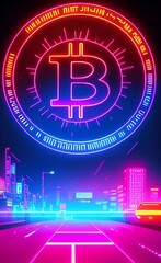 Bitcoin Cryptocurrency Blockchain, Digital currency Decentralization  Bitcoin mining, Bitcoin wallet - Bitcoin In Synthwave Look Glows Over The City Of Tomorrow