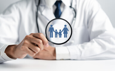 Doctor in uniform with stethoscope hand protection family virtual icon.health care insurance and assurance concept .