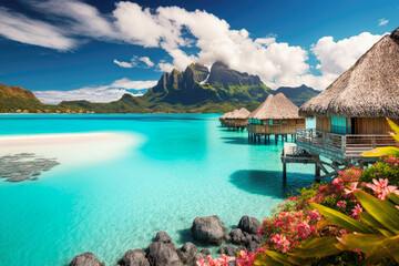 A peaceful and tranquil lagoon in Bora Bora, French Polynesia, with crystal-clear waters and overwater bungalows dotting the shoreline - Generative AI - obrazy, fototapety, plakaty
