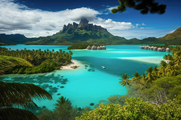 Fototapeta na wymiar A peaceful and tranquil lagoon in Bora Bora, French Polynesia, with crystal-clear waters and overwater bungalows dotting the shoreline - Generative AI