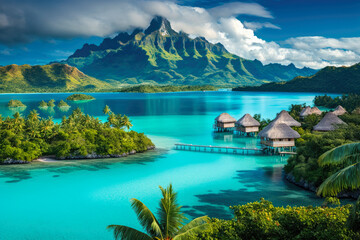 Fototapeta A peaceful and tranquil lagoon in Bora Bora, French Polynesia, with crystal-clear waters and overwater bungalows dotting the shoreline - Generative AI obraz