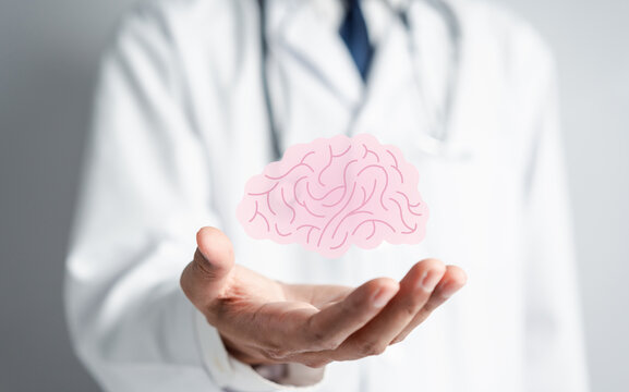 Doctor holding human brain icon, idea creative intelligence thinking or Awareness of Alzheimer, Parkinson's disease, dementia, stroke, seizure or mental health. Neurology and Psychology care.