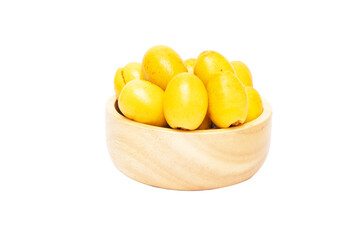 Fresh date fruit yellow gold undried on cup wood (Phoenix dactylifera L. sylvestris) The taste is sweet, crispy, delicious. is becoming popular. Isolated on cutout PNG.