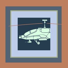 Seamless pattern. Military helicopter in the frame. Backdrop with combat vehicle. Colorful illustration isolated on background.