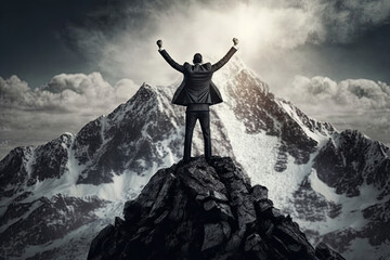 Businessman on Top of a Mountain Theme, Success, Win, generative AI