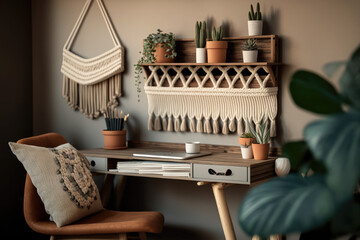 Real photo of a natural home office interior desk organizer, macrame on a wall, shelves and couch, generative AI