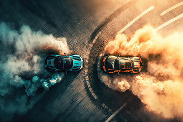 Two race cars competing in a drift war in this aerial top view shot on an asphalt race track. There is a lot of smoke from the burning tires, generative AI