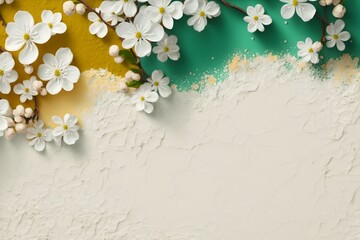 Background of flowers. Wallpaper illustration. Top view with copy space for text information or content. Concept of spring, card. Generative AI.