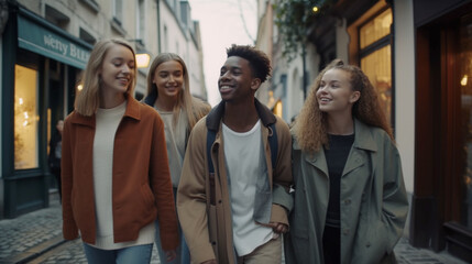 Obraz premium A Happy Multi-ethnic Group of Young Adult Friends Walk Along the Streets of Europe - Generatvie AI.