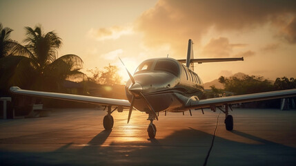 Fototapeta na wymiar Private Luxury Jet Airplane In Tropical Location Waiting on the Tarmac At Sunset - Generatvie AI.