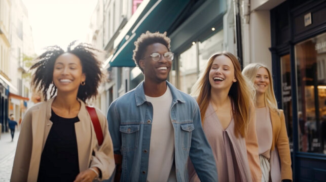 A Happy Multi-ethnic Group of Young Adult Friends Walk Along the Streets of Europe - Generatvie AI.