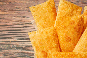 Brazilian Street Food - Fried Pastels in a Basket (Pastel de Feira), Copy Space
