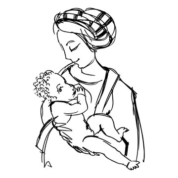 Sketch from the Madonna Litta. Motherhood, woman with baby. Line drawing, line art. Vector illustration