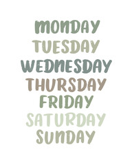 Fototapeta premium Days of The Week nursery design. Kids learning template. Educational poster in montessori style.