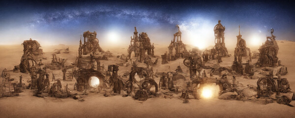 Landscape of the night sky during double sunset over the ancient steampunk fantasy ruins buried in the desert (ai generated)