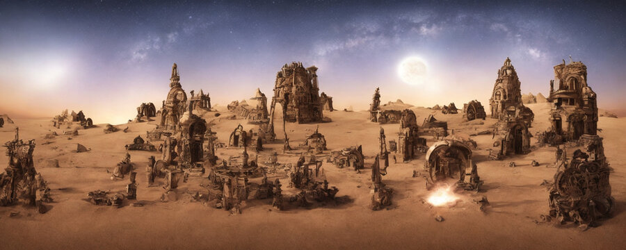 Landscape of the night sky and sunset over ancient fantasy steampunk ruins of the city buried in the desert (ai generated)
