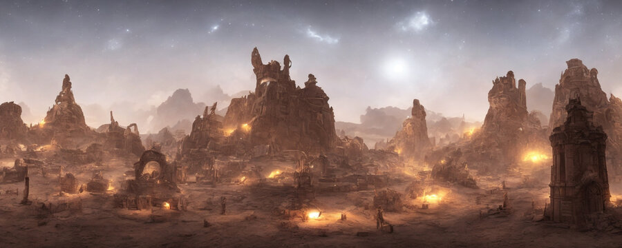 Landscape of the stormy sky over the realistic ancient steampunk medieval fantasy ruins buried in the desert (ai generated)