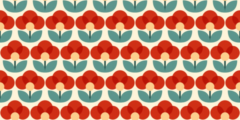 Seamless retro floral pattern. Vintage stylized flowers background in 60s, 70s, 80s style. Nostalgic repeating wallpaper. Fabric and textile design. Vector texture and illustration