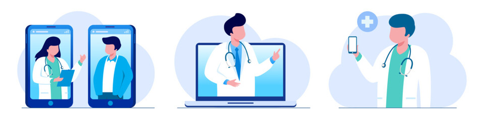 Fototapeta premium Online medical consultation and support. Online doctor. Healthcare services, Ask a doctor. Family doctor, gynecologist with stethoscope on the laptop screen. Flat vector illustration