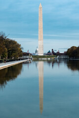 Fototapeta na wymiar Washington D. C. United States. November 29, 2022: Washington Monument with blue sky and reflection in the water.