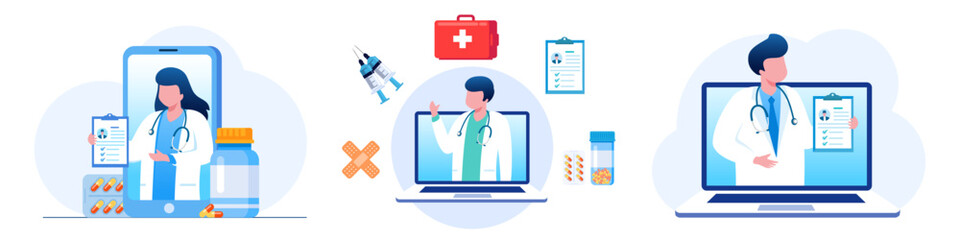 Online medical consultation and support. Online doctor. Healthcare services, Ask a doctor. Family doctor, gynecologist with stethoscope on the laptop screen. Flat vector illustration