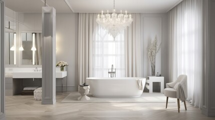 Fototapeta na wymiar beautiful master bathroom contemporary interior design bathtub with morning sun light from window, image ai generate