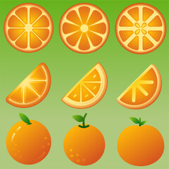 Oranges icon set. Vector illustration of orange for fruit and food design. Orange icon for design about vegan, vegetarian, healthy, diet, nutrition, and tropical. Fresh fruit for healthy lifestyle