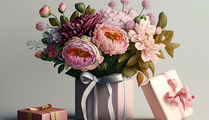 Pink flowers and gifts, Generative AI