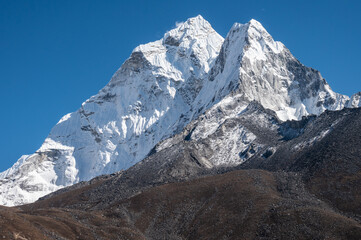 Mt.Ama Dablam (6,812 m) view from Dingboche village in Nepal. Ama Dablam is one of the most beautiful mountains in the world.