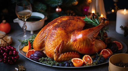 Fototapeta na wymiar Festive celebration roasted turkey with gravy for Thanksgiving or Christmas