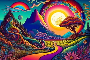 Obraz na płótnie Canvas Bunter farbenfroher Hippie 60er 70er Jahre 3d Desktop Hintergrund 