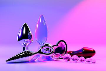 3D illuastration, a collection of different types colorful  of sex toys, including dildo and   butt anal plugs on  pink  background.