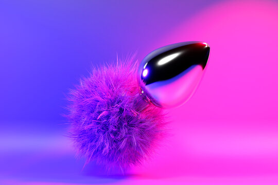 Silver butt anal plugs sex toys on  neon lights. 3D illustration. Empty space for your text
