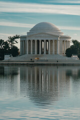 Washington D. C.  United States. November 29, 2022:Thomas Jefferson memorial with blue sky and lake.