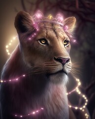 lioness wearing a pink glowing crown, lion in the night, fantasy lioness, princess lion, princess lioness, ai artwork, up close of lion - obrazy, fototapety, plakaty