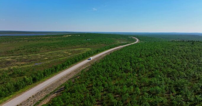Drone shot tracking a caravan driving in a polar landscape of the Nordic north