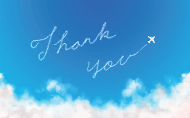 Thank Youの文字の飛行機雲と飛行機 - obrazy, fototapety, plakaty