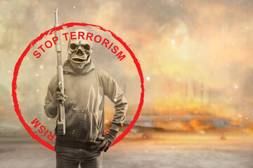 A man wearing a mask holding a gun with a stop terrorism sign